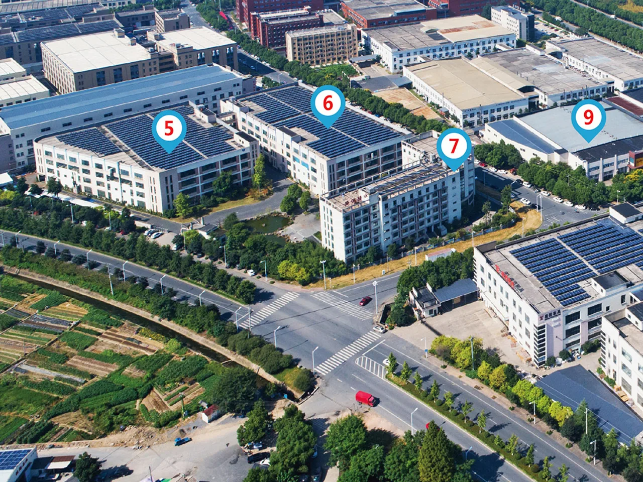 Aerial view of the Shengxin multi-workshop seating plant in Anji, Zhejiang