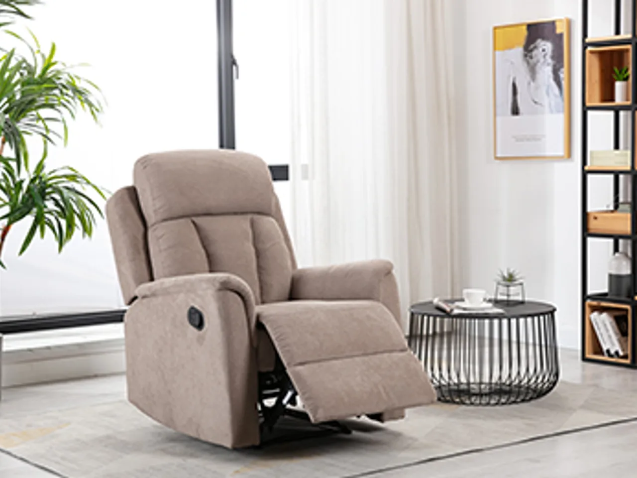 Beige fabric lift-assist recliner with a side control for elderly-care use